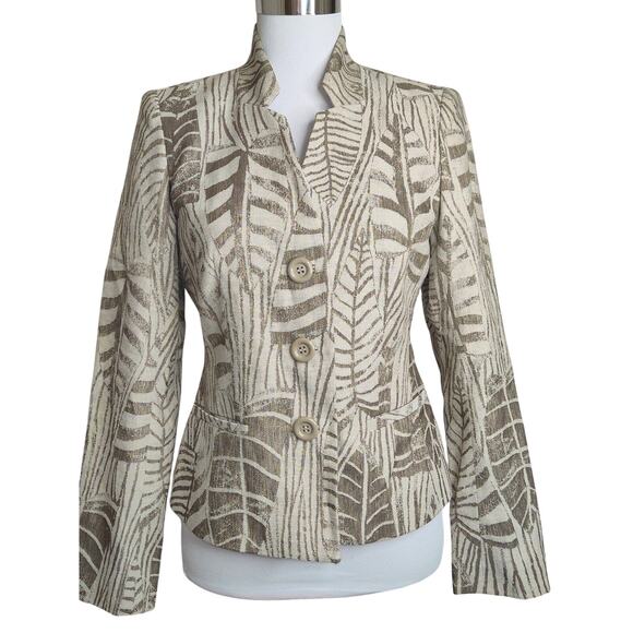 Lafayette 148 Leaf Patterned Blazer Zebra Stripe Tan Khaki Mandarin Type Collar - Picture 2 of 10